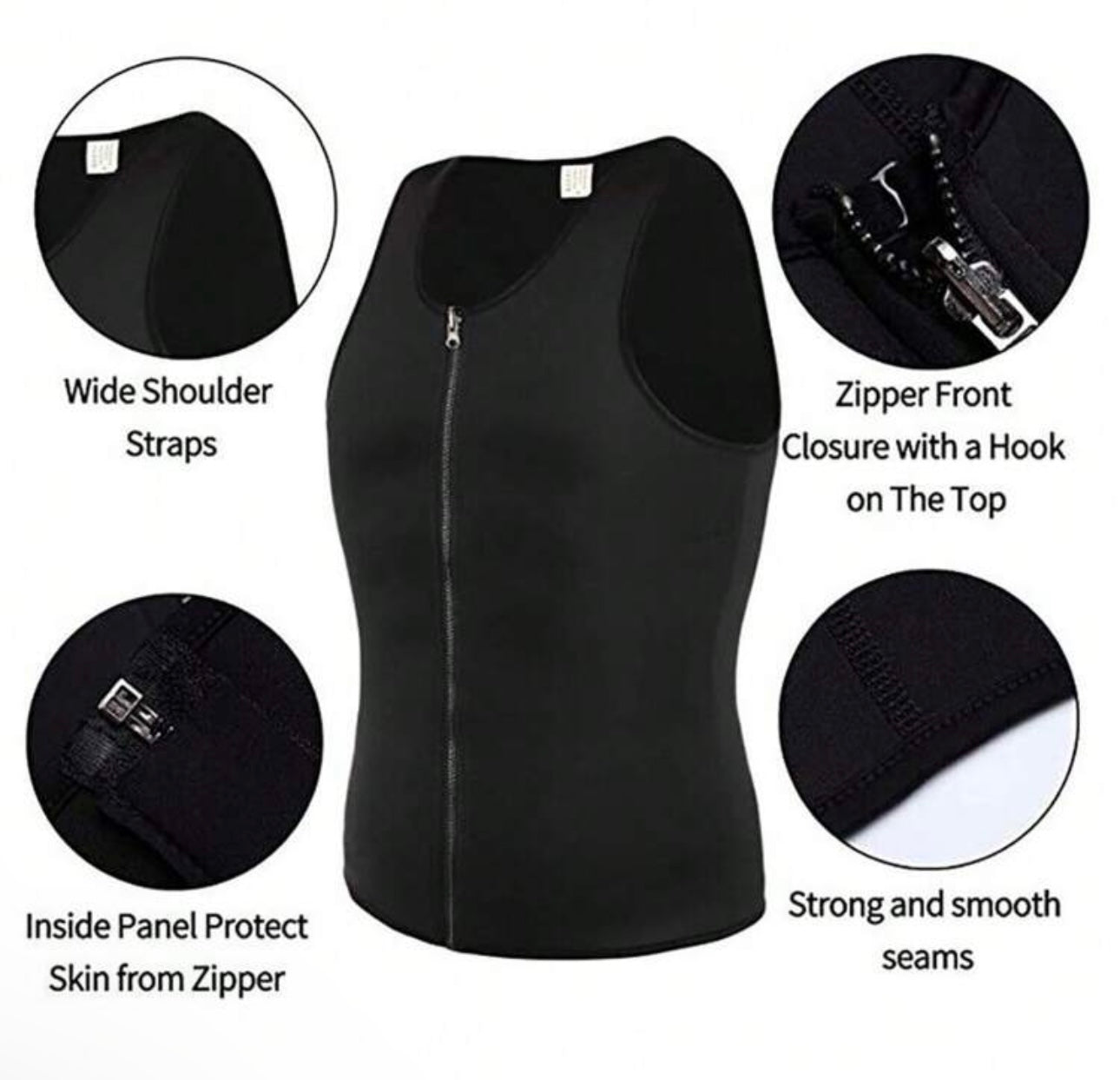 Neoprene Mens Fitness Sauna Sweat Vest Shapewear Waist Trainer Trimmer Heat Trapping Tank Top Shirt Body Shaper Belly Fat Burner Compression Slimming Shirts Zipper Pullover Girdle Corset Sports Gym